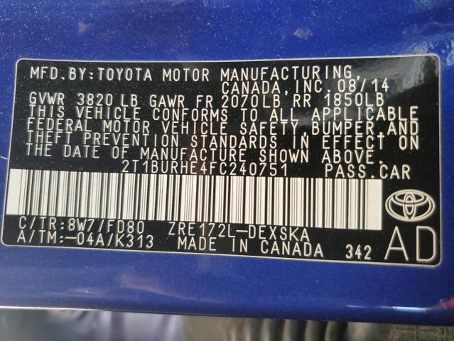 2015 TOYOTA COROLLA L 2T1BURHE4FC240751