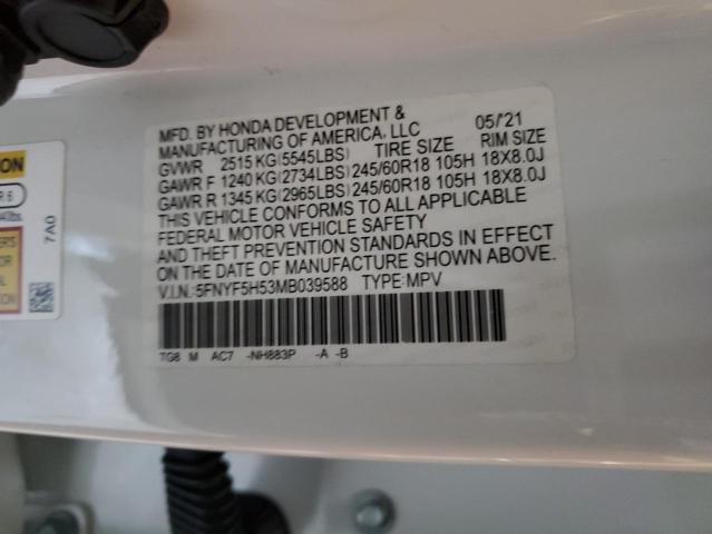2021 HONDA PILOT EXL 5FNYF5H53MB039588
