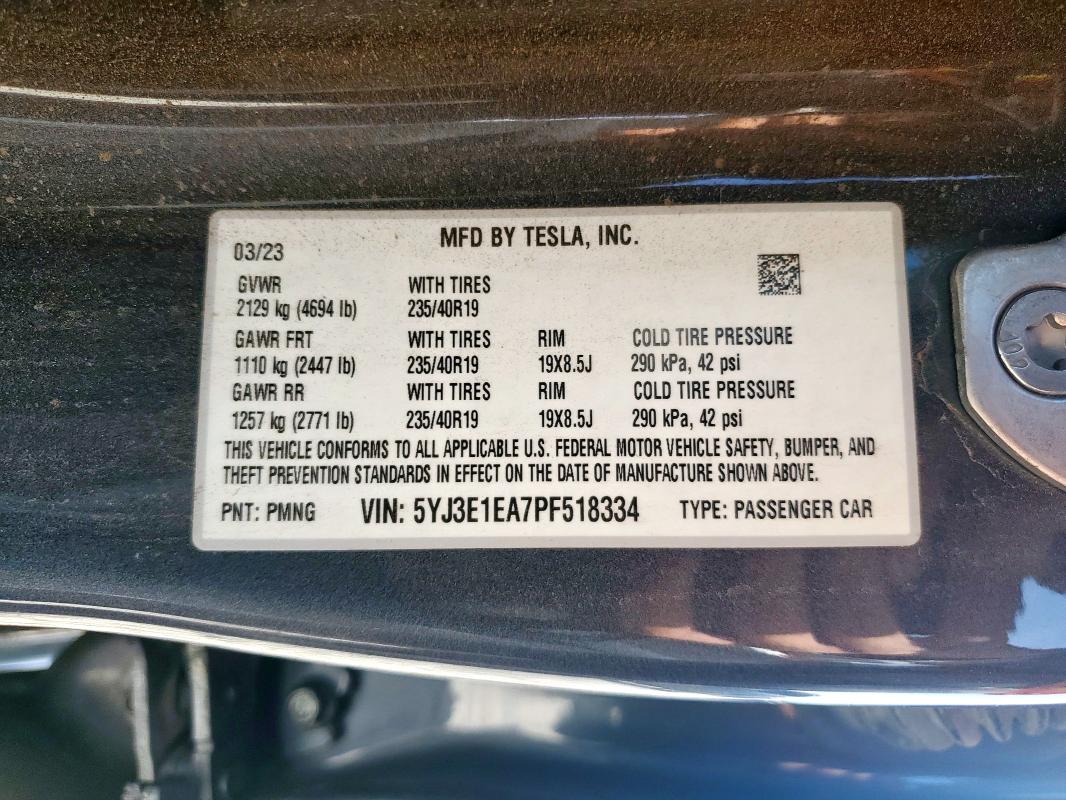 2023 TESLA MODEL 3 5YJ3E1EA7PF518334