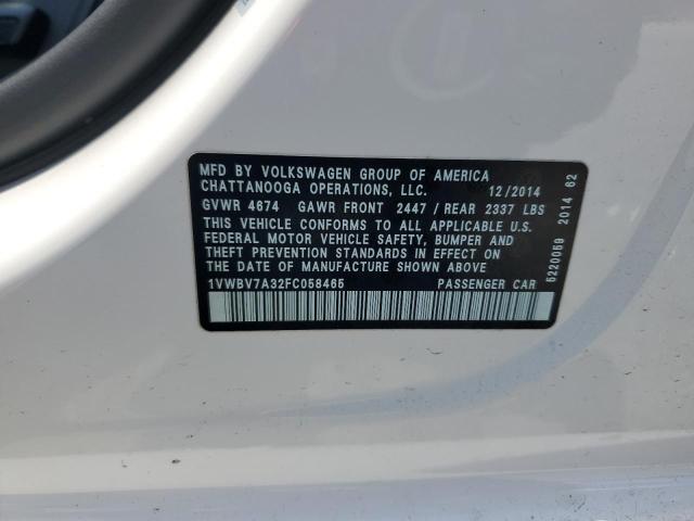 2015 VOLKSWAGEN PASSAT SE 1VWBV7A32FC058465