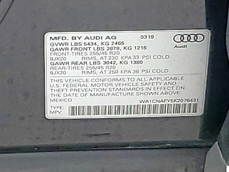 2019 AUDI Q5 PRESTIG WA1CNAFY5K2076431