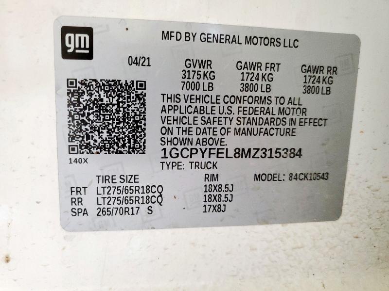 2021 CHEVROLET SILVERADO 1GCPYFEL8MZ315384