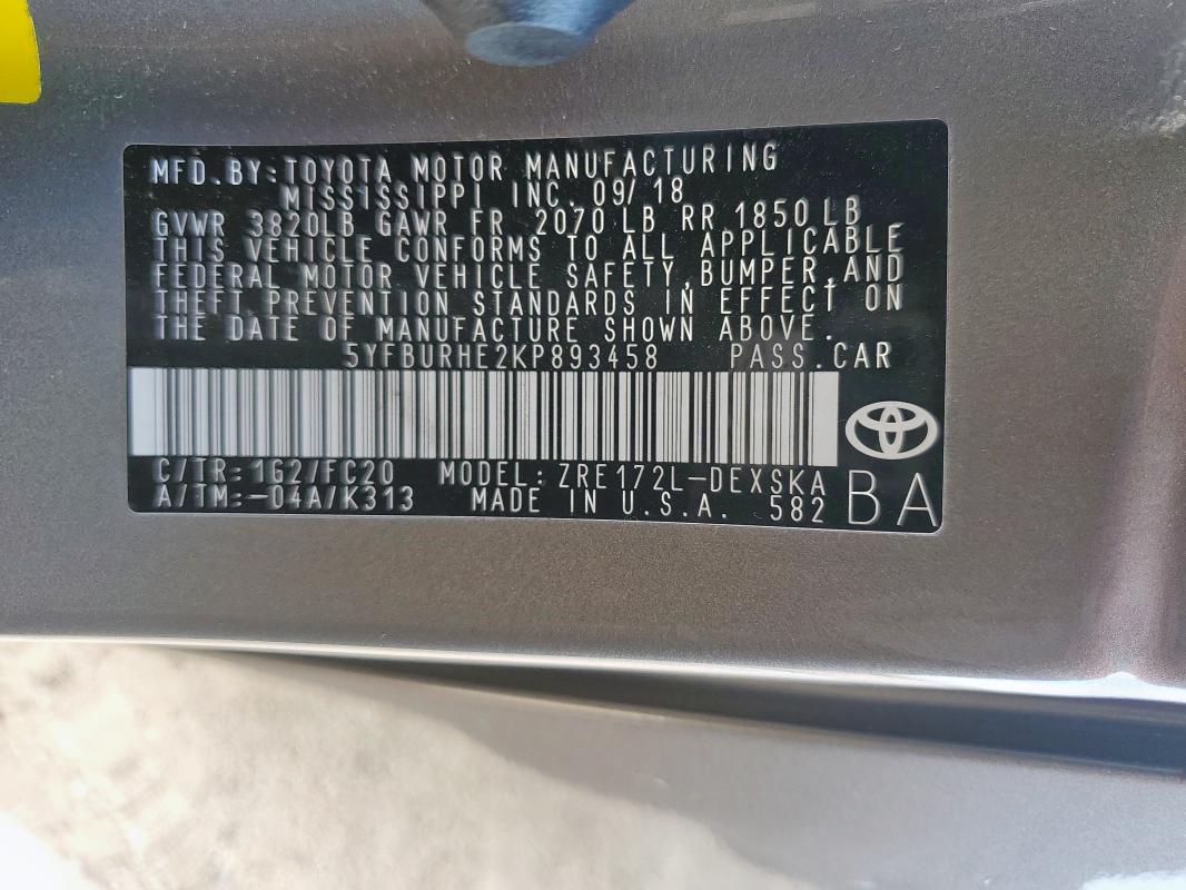2019 TOYOTA COROLLA L - 5YFBURHE2KP893458