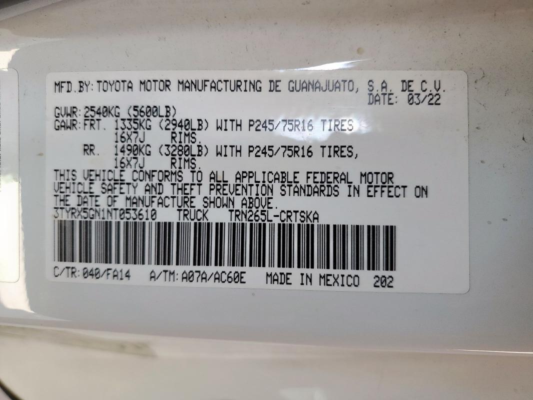 2022 TOYOTA TACOMA ACC 3TYRX5GN1NT053610