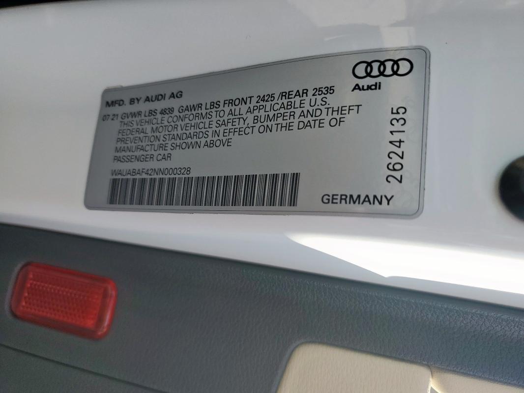 2022 AUDI A4 PREMIUM WAUABAF42NN000328