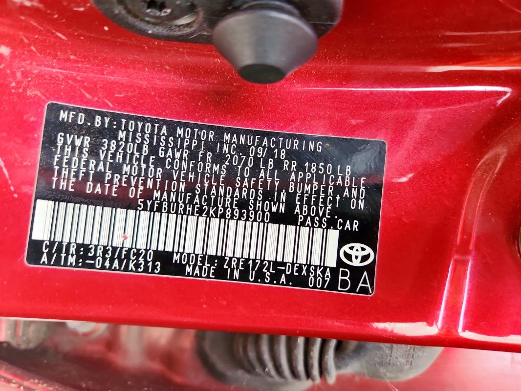2019 TOYOTA COROLLA L 5YFBURHE2KP893900