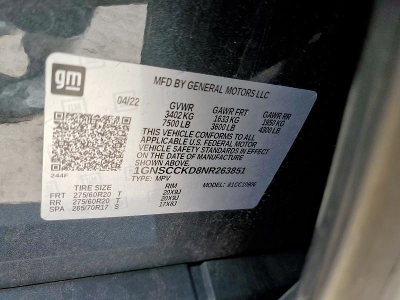2022 CHEVROLET SUBURBAN C 1GNSCCKD8NR263851