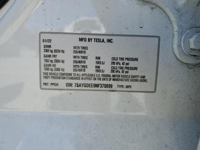 2022 TESLA MODEL Y 7SAYGDEE9NF370899