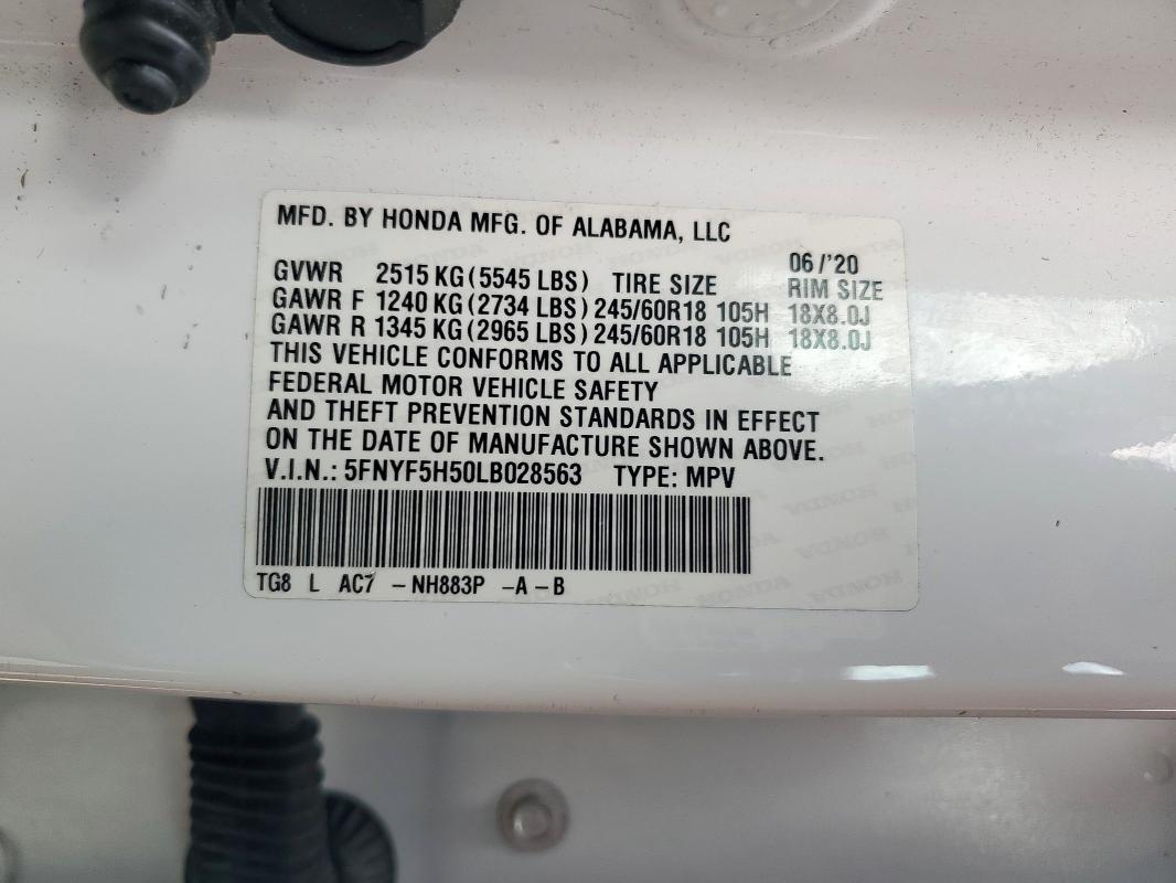 2020 HONDA PILOT EXL 5FNYF5H50LB028563