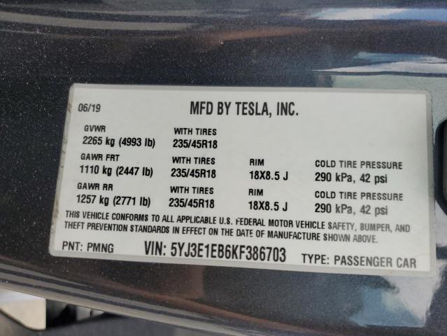 2019 TESLA MODEL 3 5YJ3E1EB6KF386703