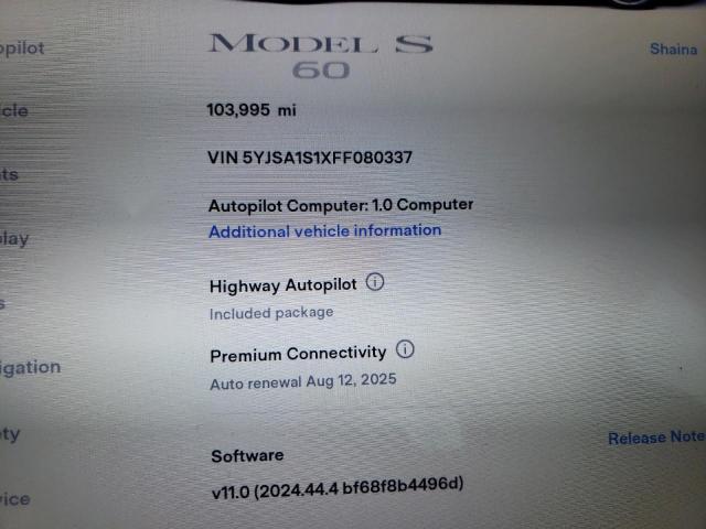 2015 TESLA MODEL S 60 5YJSA1S1XFF080337