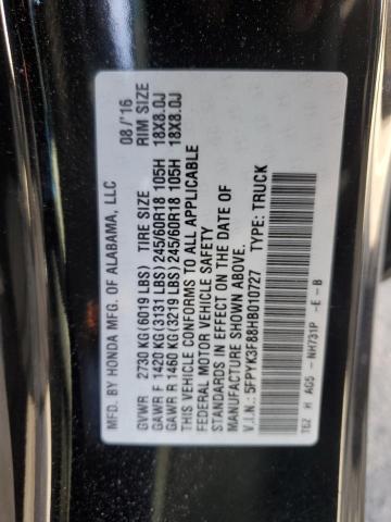 2017 HONDA RIDGELINE 5FPYK3F88HB010727