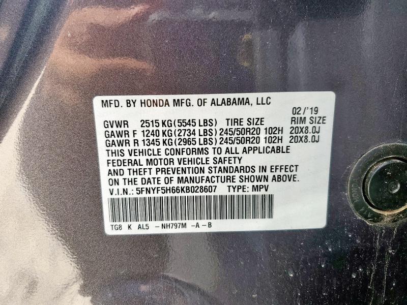 2019 HONDA PILOT TOUR 5FNYF5H66KB028607