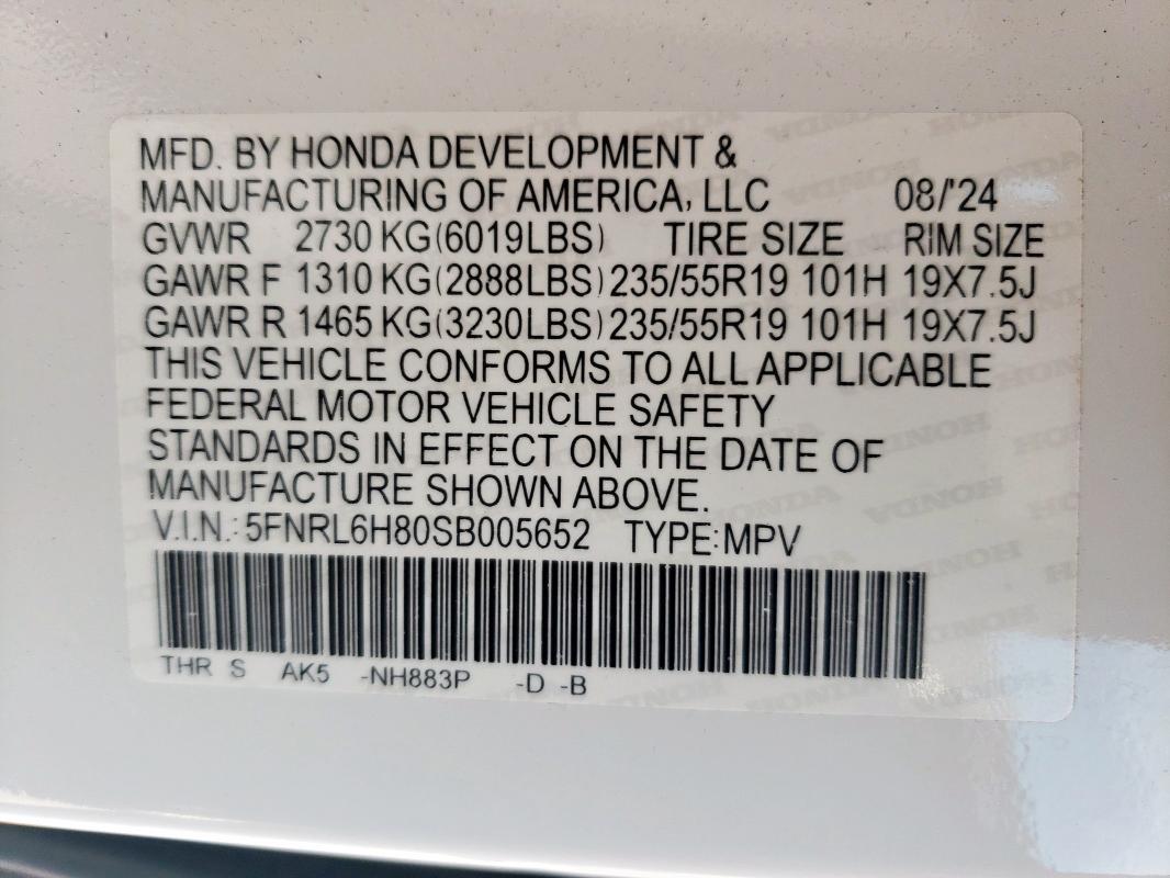 2025 HONDA ODYSSEY TO 5FNRL6H80SB005652