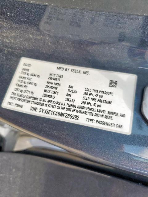 2022 TESLA MODEL 3 5YJ3E1EA0NF285992
