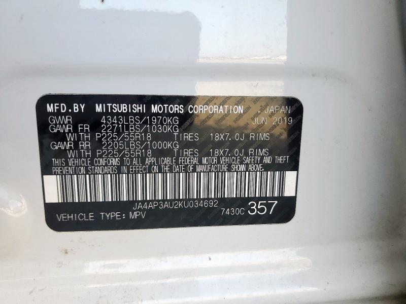 2019 MITSUBISHI OUTLANDER JA4AP3AU2KU034692