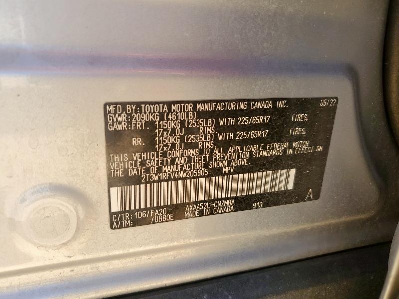 2022 TOYOTA RAV4 XLE 2T3W1RFV4NW205905