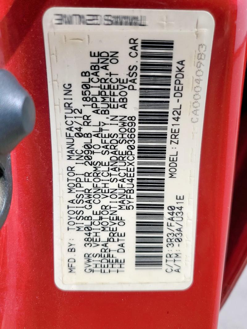 2012 TOYOTA COROLLA BA - 5YFBU4EEXCP036698