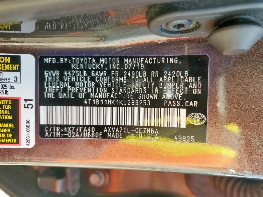 2019 TOYOTA CAMRY L - 4T1B11HK1KU289253