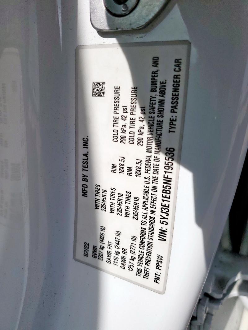 2022 TESLA MODEL 3 - 5YJ3E1EB5NF195536