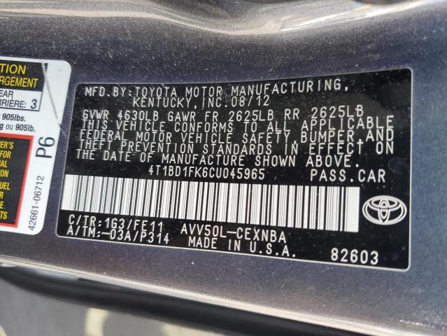 2012 TOYOTA CAMRY HYBR - 4T1BD1FK6CU045965