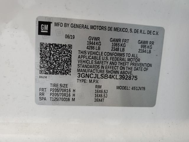 2019 CHEVROLET TRAX 1LT 3GNCJLSB4KL392875