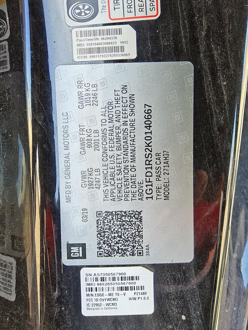 2019 CHEVROLET CAMARO LT 1G1FD1RS2K0140667