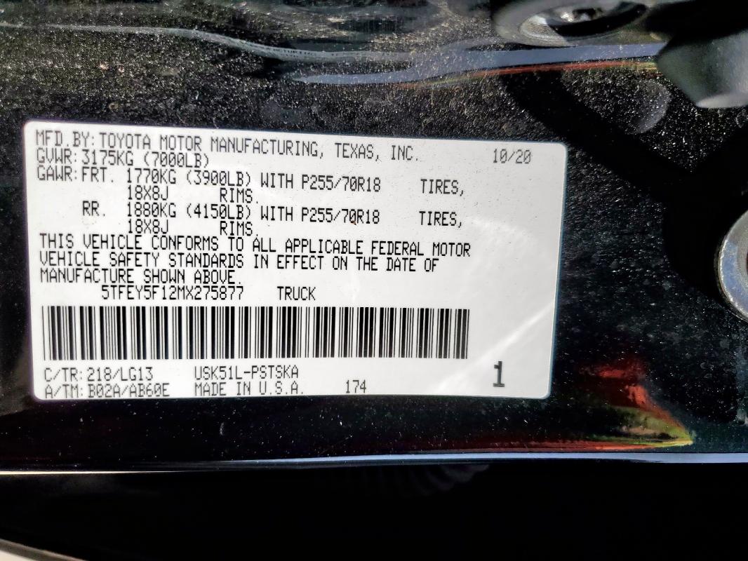 2021 TOYOTA TUNDRA CRE 5TFEY5F12MX275877