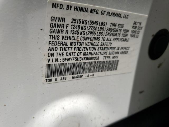 2019 HONDA PILOT EX 5FNYF5H34KB008068