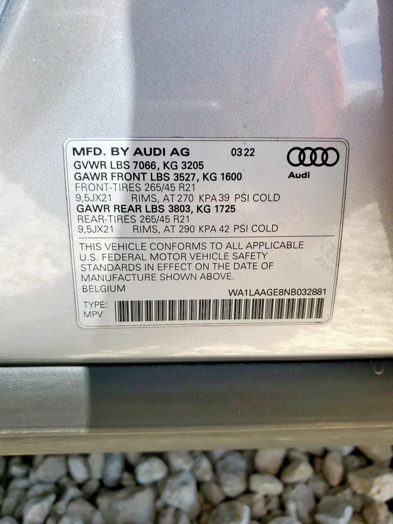 2022 AUDI E-TRON PRE WA1LAAGE8NB032881