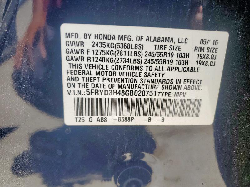 2016 ACURA MDX TECHNO 5FRYD3H48GB020751