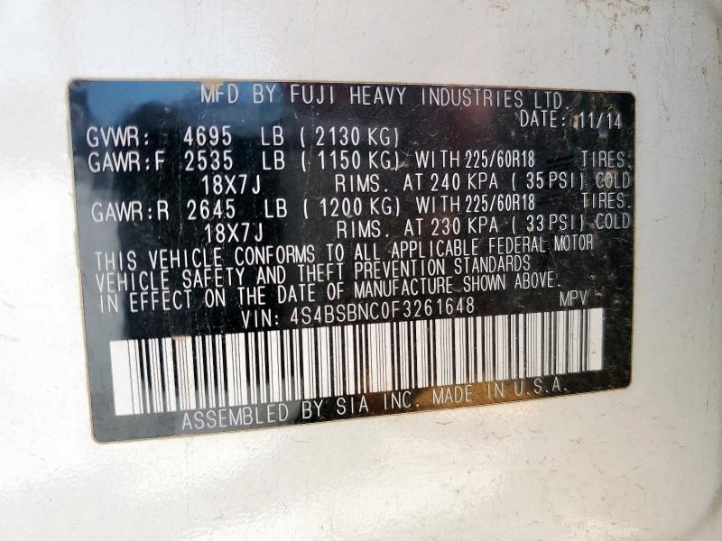 2015 SUBARU OUTBACK 2. 4S4BSBNC0F3261648