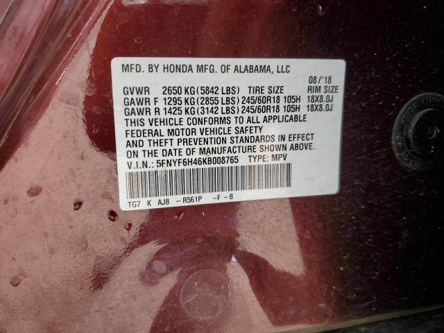 2019 HONDA PILOT EXL 5FNYF6H46KB008765
