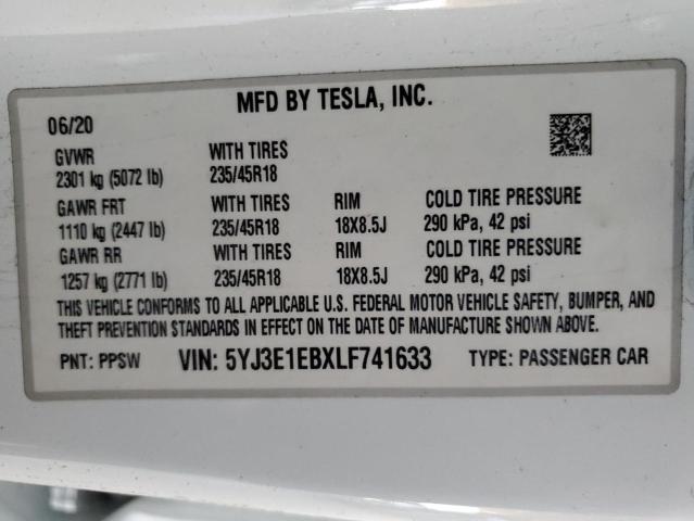2020 TESLA MODEL 3 5YJ3E1EBXLF741633