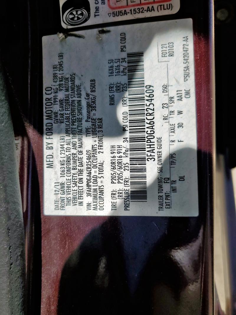 2012 FORD FUSION S - 3FAHP0GA6CR254609