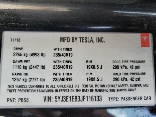 2018 TESLA MODEL 3 5YJ3E1EB3JF116133