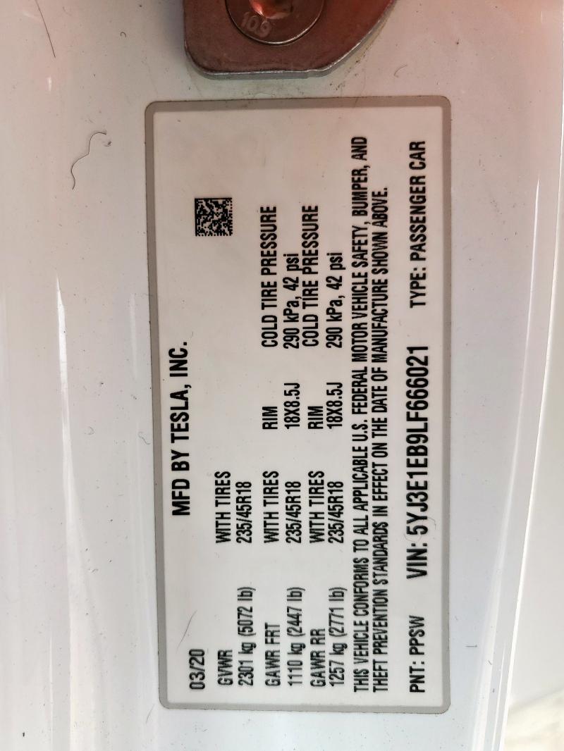 2020 TESLA MODEL 3 5YJ3E1EB9LF666021