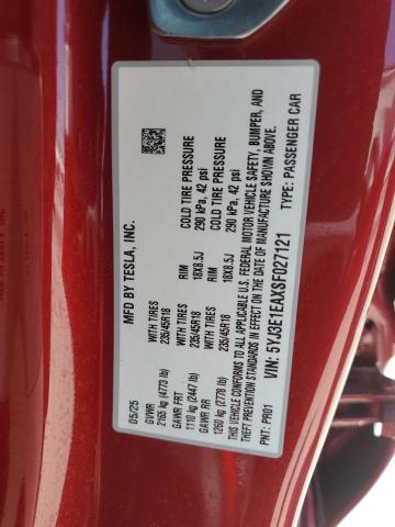 2025 TESLA MODEL 3 5YJ3E1EAXSF027121