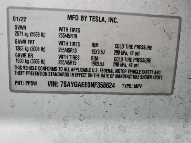 2022 TESLA MODEL Y 7SAYGAEE0NF358624
