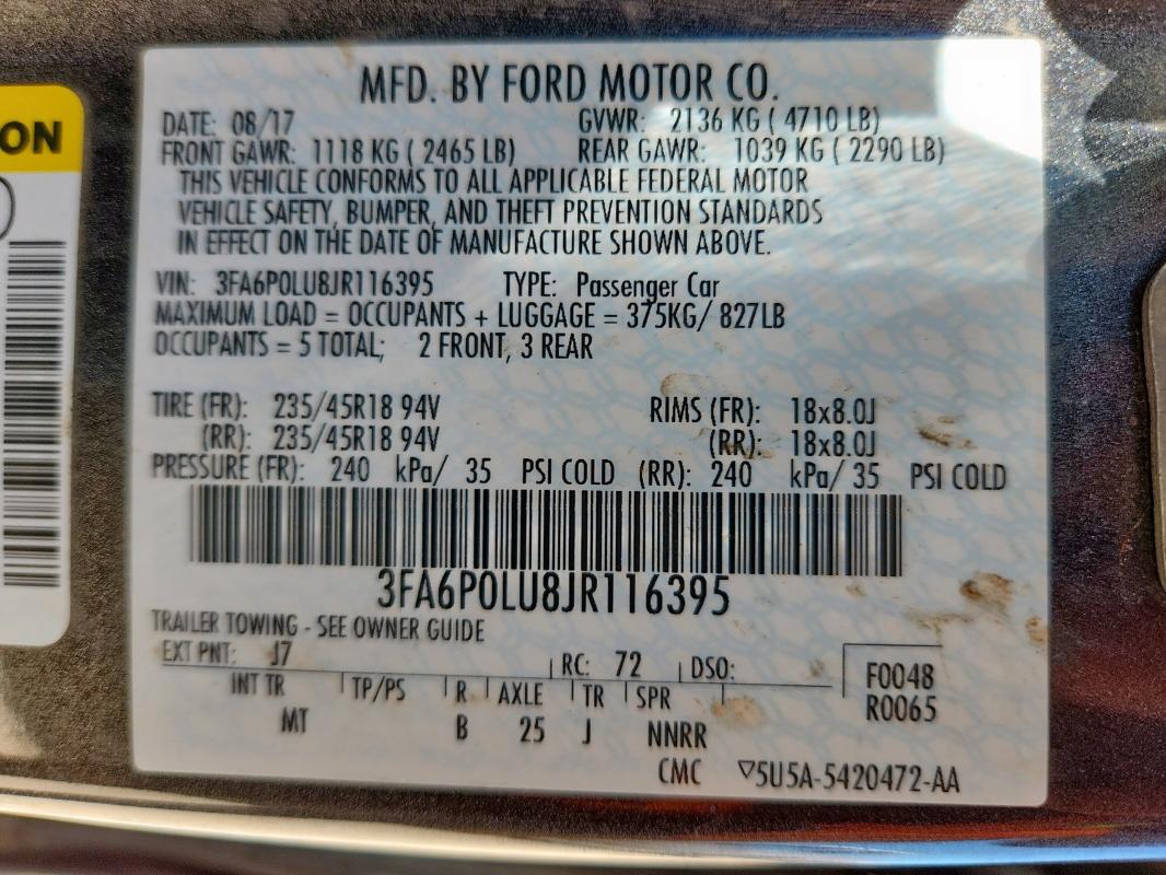 2018 FORD FUSION SE - 3FA6P0LU8JR116395