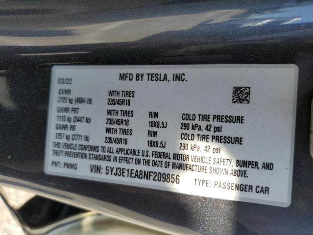 2022 TESLA MODEL 3 5YJ3E1EA8NF209856