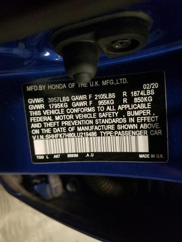 2020 HONDA CIVIC EXL SHHFK7H80LU219486