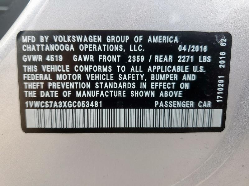 2016 VOLKSWAGEN PASSAT SEL 1VWCS7A3XGC053481