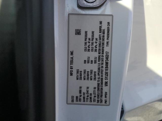 2022 TESLA MODEL 3 5YJ3E1EB4NF346317