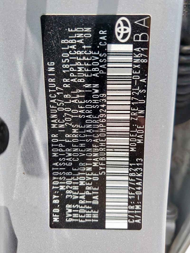 2017 TOYOTA COROLLA L 5YFBURHE0HP692439