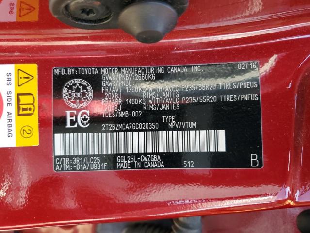 2016 LEXUS RX 350 BAS 2T2BZMCA7GC020350