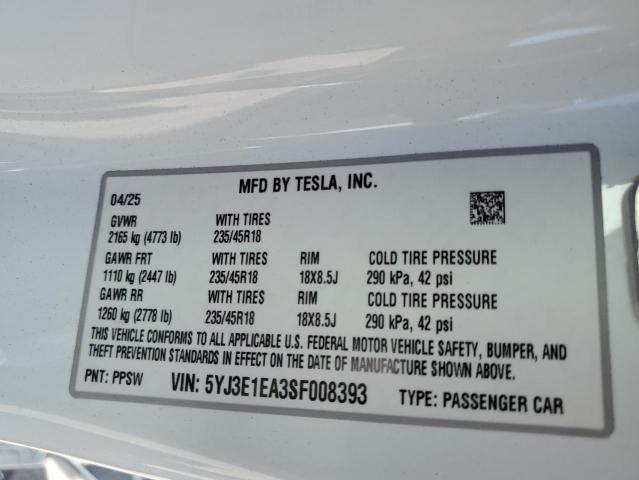 2025 TESLA MODEL 3 5YJ3E1EA3SF008393