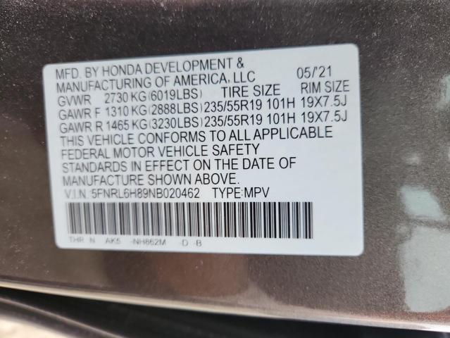2022 HONDA ODYSSEY TO 5FNRL6H89NB020462