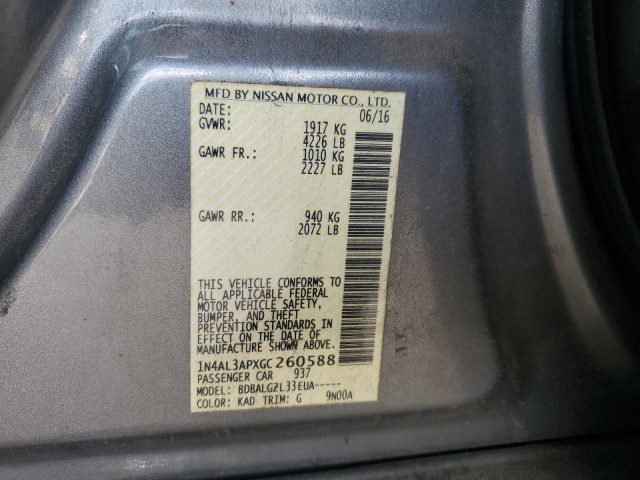 Lot #3316793413 2016 NISSAN ALTIMA 2.5