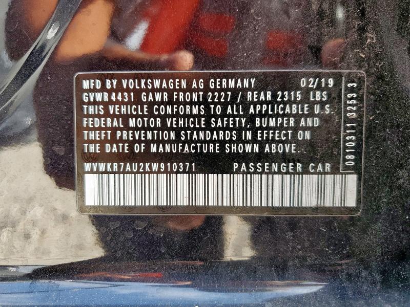 2019 VOLKSWAGEN E-GOLF SE WVWKR7AU2KW910371